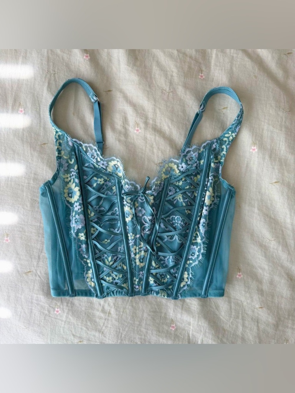 Victoria's Secret Teal Floral Lace-Up Crop Bustier Top